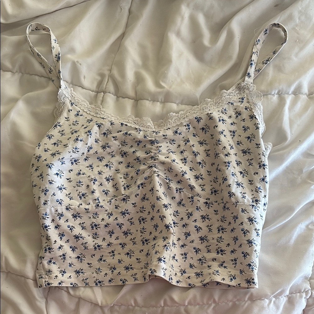 Floral Lace Trim Cami Top - white and blue